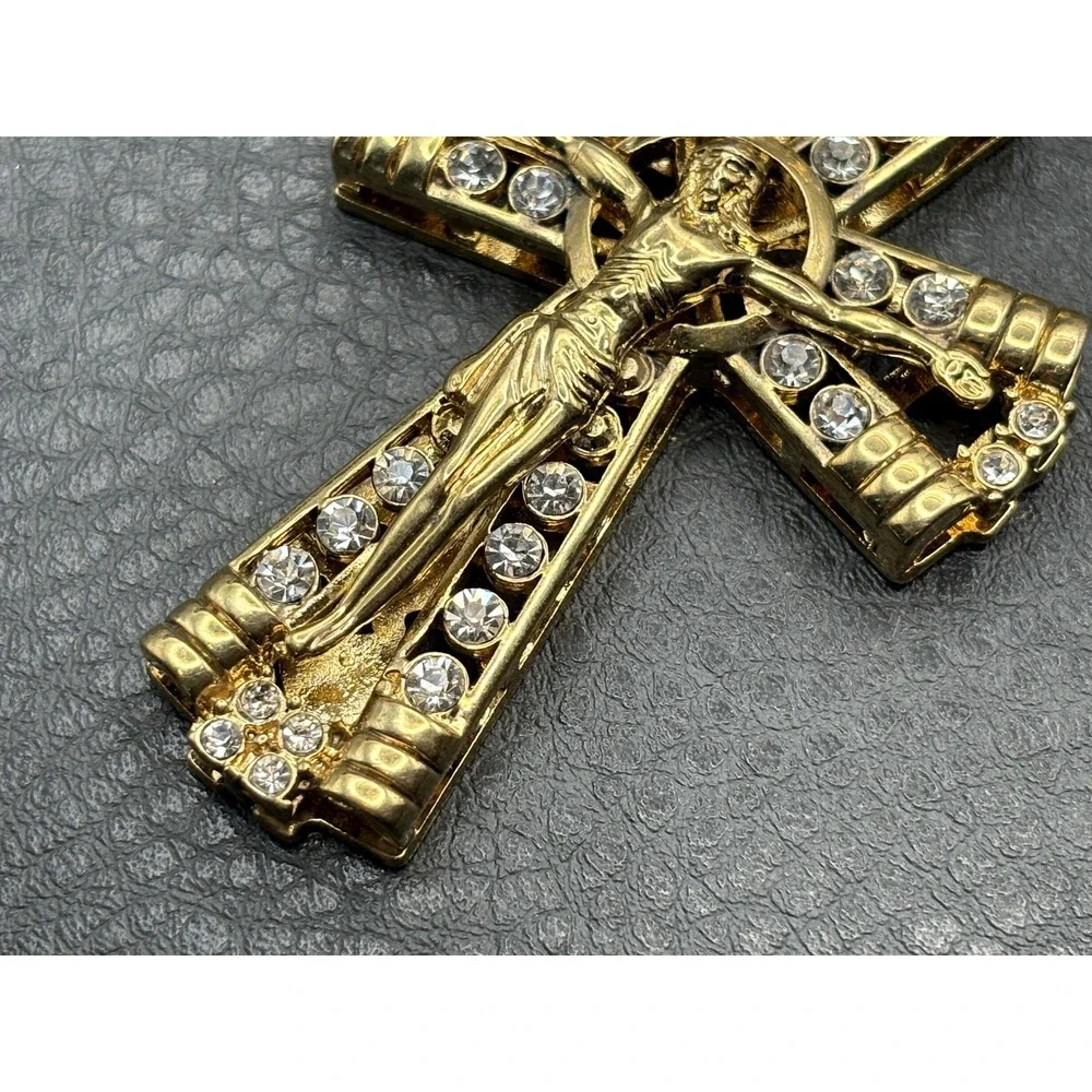 HUGE Gold Tone Crucifix Cross Pendant Jesus Clear Rhinestone Religious Jewelry